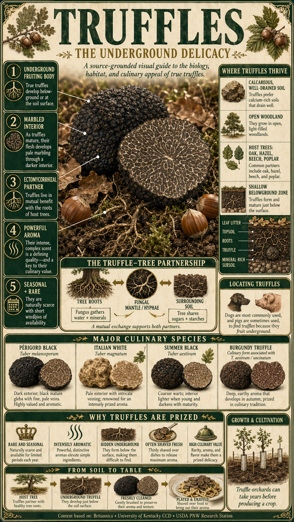 Infographic explaining what truffles are, where they thrive, and how quality and season affect them.