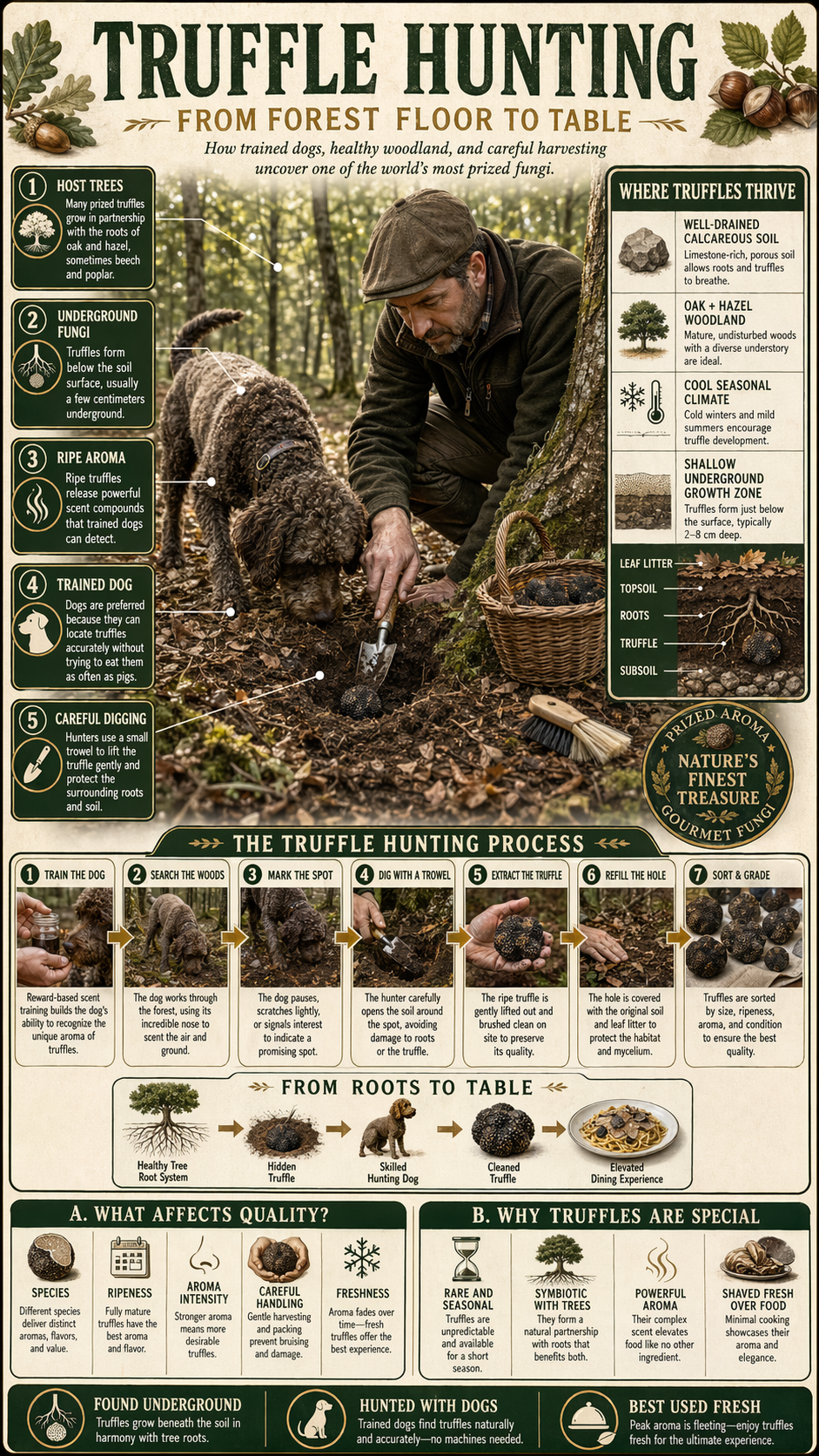 Infographic explaining how truffles grow, how trained dogs locate them, and how the hunt-to-table process works.